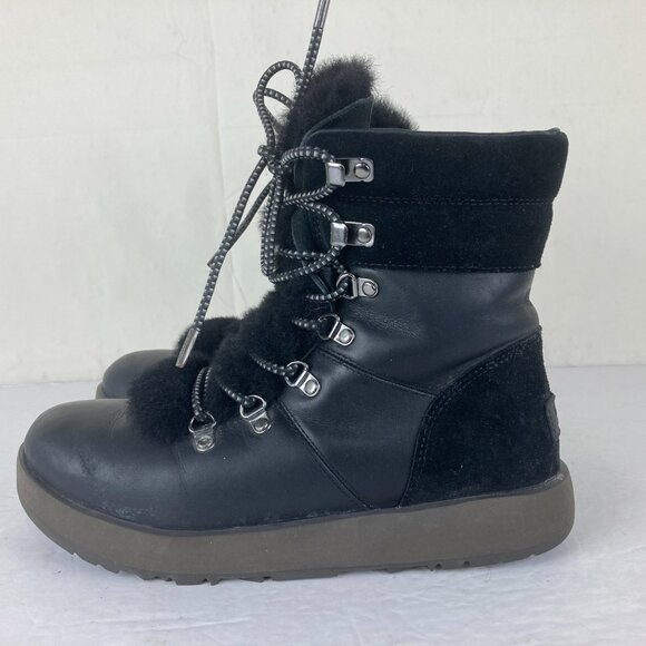 UGG Viki Womens 8.5 Leather Shearling Lace Up Vibram Soles Winter Ankle Boots - Picture 2 of 11